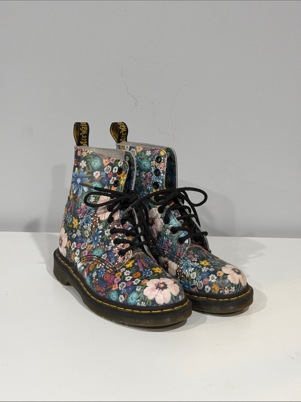 Dr. Martens Floral Lace-Up Combat Boots - Black with Multicolor Floral Print